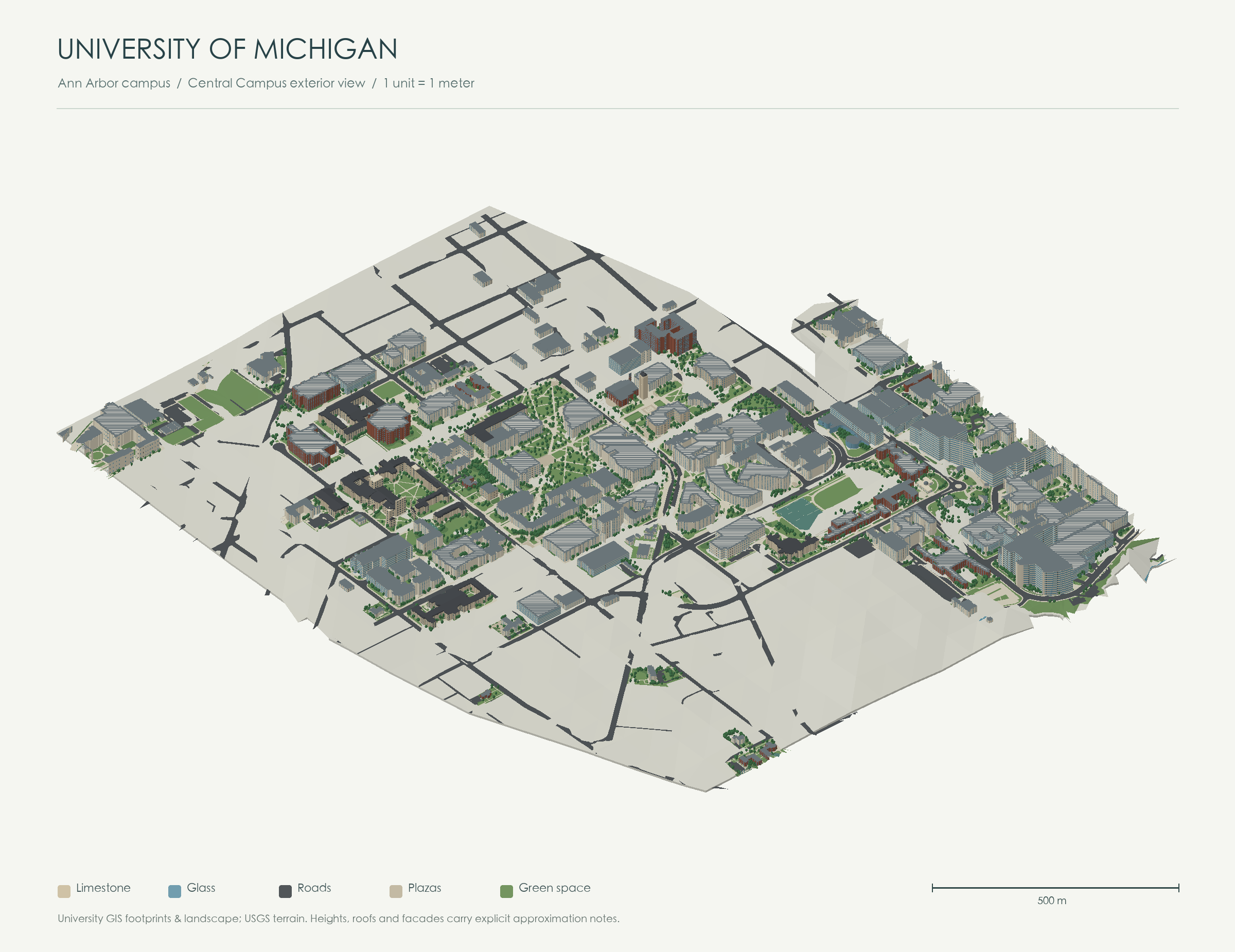 Bird’s-eye exterior model of the University of Michigan Ann Arbor campus with buildings, streets, landscape and terrain.